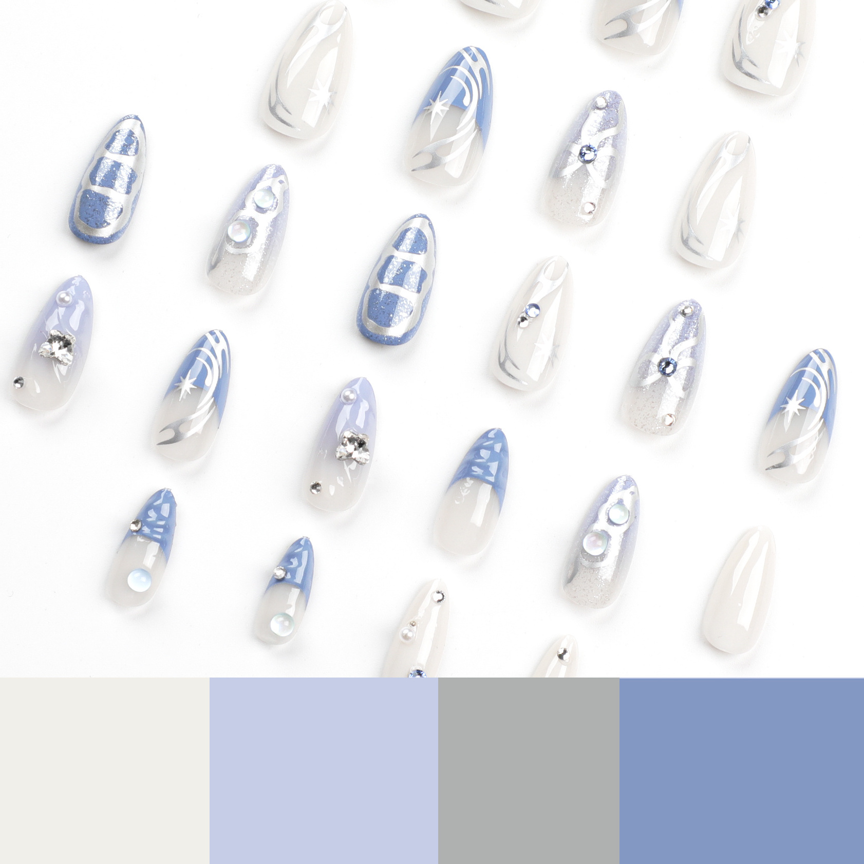 Blue Series Glitter Charms Almond Shape Abs False Artificial Fingernails Nails Press On With Glue