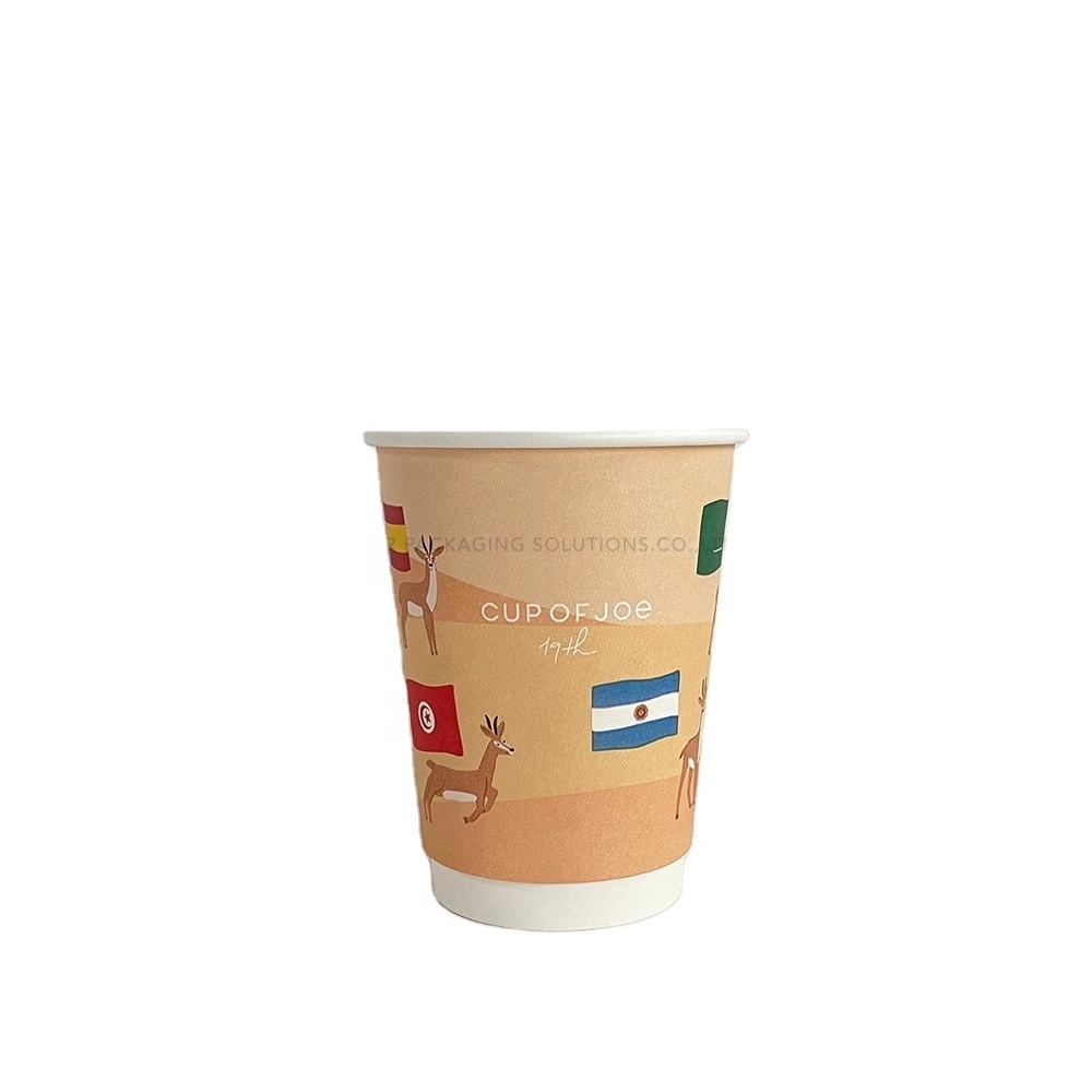 Custom High-end 12oz Deer National Flags Desert Image Printed Light Orange Double Wall Paper Cup with Lid for Hot Coffee Tea