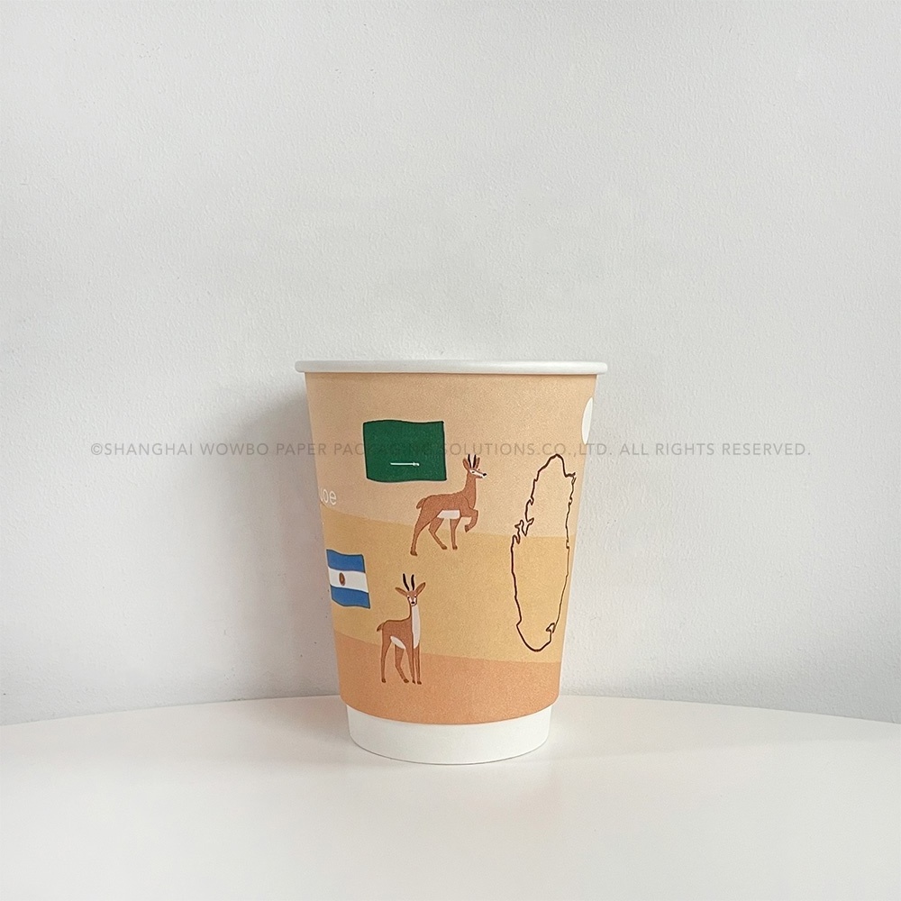 Custom High-end 12oz Deer National Flags Desert Image Printed Light Orange Double Wall Paper Cup with Lid for Hot Coffee Tea