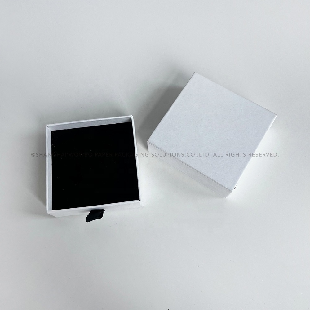 Elegant Fancy Rigid White Square Drawer Box with Black Velvet Texture EVA insert Black Ribbon Pull Tab for Chocolate Candy