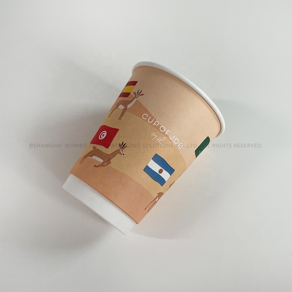 Custom High-end 12oz Deer National Flags Desert Image Printed Light Orange Double Wall Paper Cup with Lid for Hot Coffee Tea