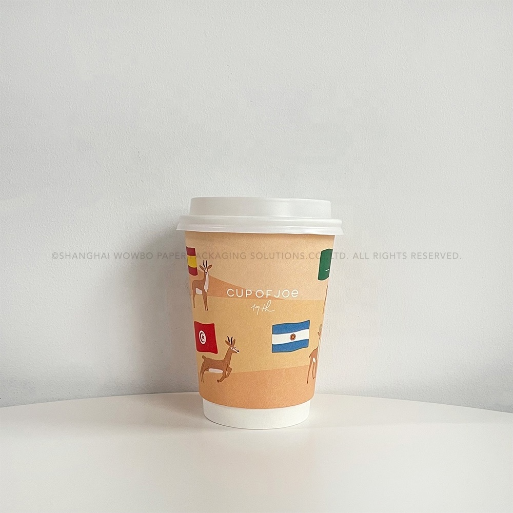 Custom High-end 12oz Deer National Flags Desert Image Printed Light Orange Double Wall Paper Cup with Lid for Hot Coffee Tea