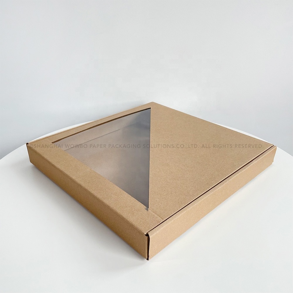 Wholesale Eco-friendly Recyclable Brown Kraft Takeaway Takeout Greaseproof Pizza Box with Triangle Die Cut See-through Window