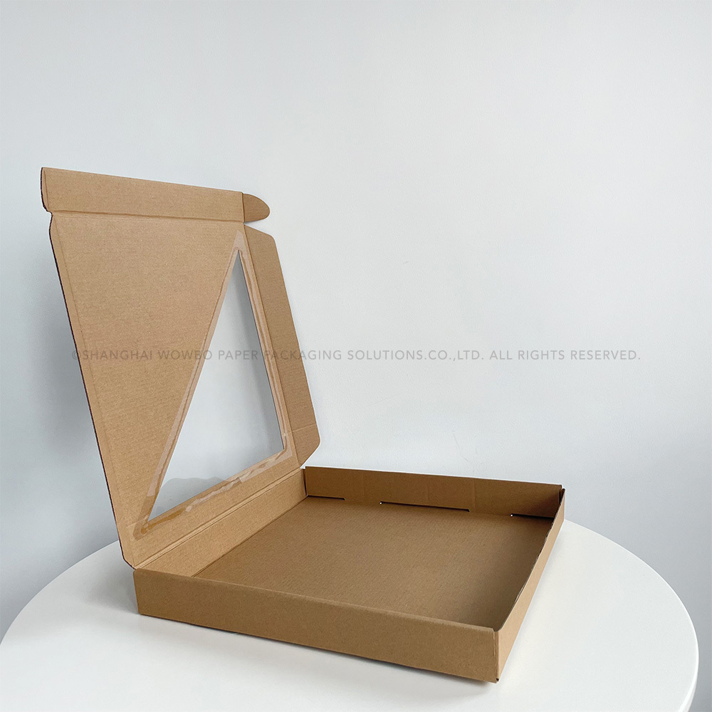 Wholesale Eco-friendly Recyclable Brown Kraft Takeaway Takeout Greaseproof Pizza Box with Triangle Die Cut See-through Window