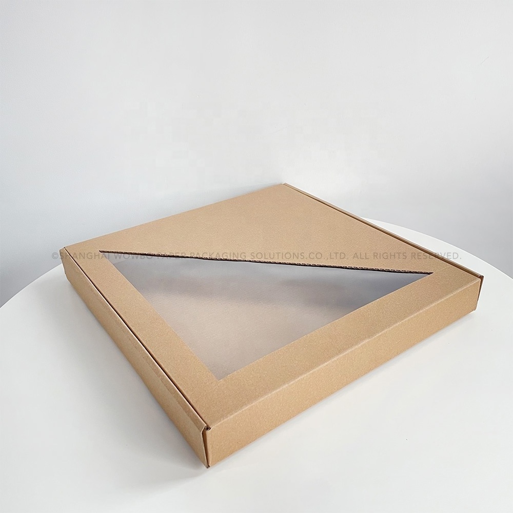 Wholesale Eco-friendly Recyclable Brown Kraft Takeaway Takeout Greaseproof Pizza Box with Triangle Die Cut See-through Window