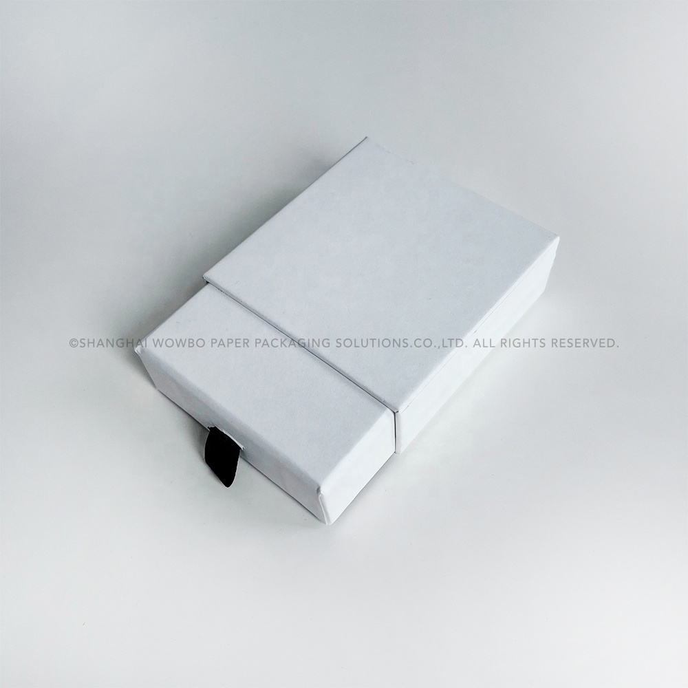 Elegant Fancy Rigid White Square Drawer Box with Black Velvet Texture EVA insert Black Ribbon Pull Tab for Chocolate Candy