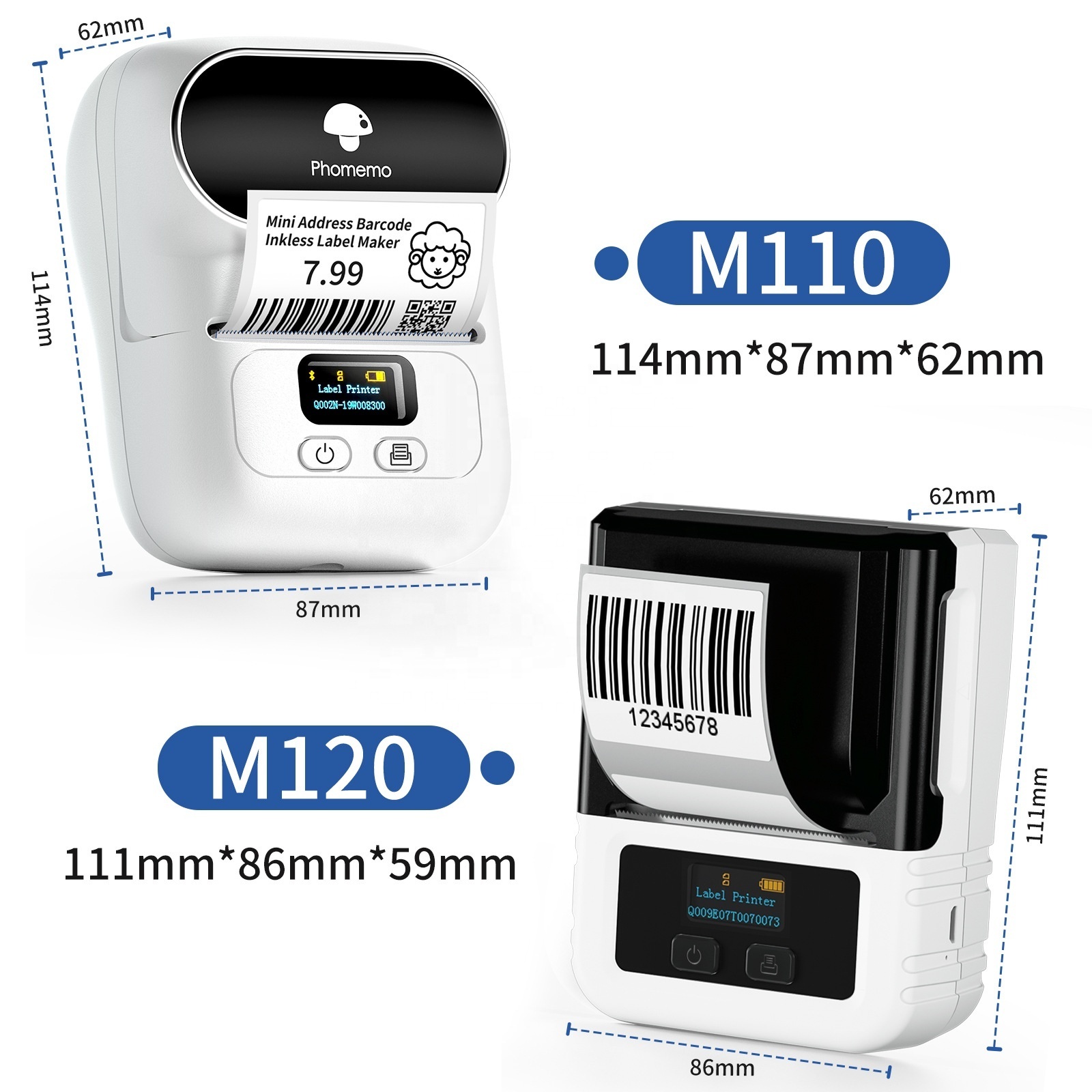 WOWCASE Upgraded Phomemo Label Printer M110 Barcode Printer Blue tooth Portable Thermal Label Maker for Phone/Tablet/PC/Mac