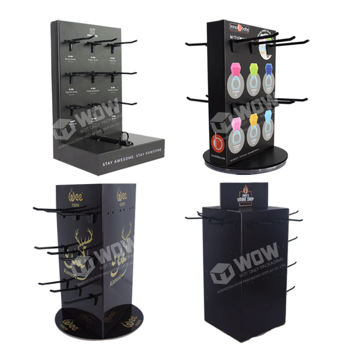 WOW Custom Printing Corrugated Cardboard Rotating hook Keychain Display Stand, 4 Sides Rotating Jewelry Display Stand