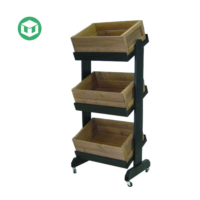 Grocery Shop Retail Sales Point of Purchase Wooden Fruit Vegetable Display Rack Cabinets with Wheels