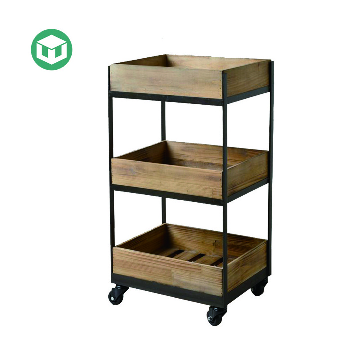 Grocery Shop Retail Sales Point of Purchase Wooden Fruit Vegetable Display Rack Cabinets with Wheels