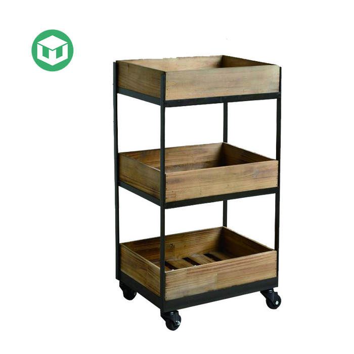 Grocery Shop Retail Sales Point of Purchase Wooden Fruit Vegetable Display Rack Cabinets with Wheels