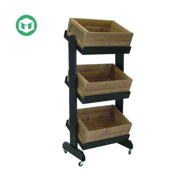 Grocery Shop Retail Sales Point of Purchase Wooden Fruit Vegetable Display Rack Cabinets with Wheels