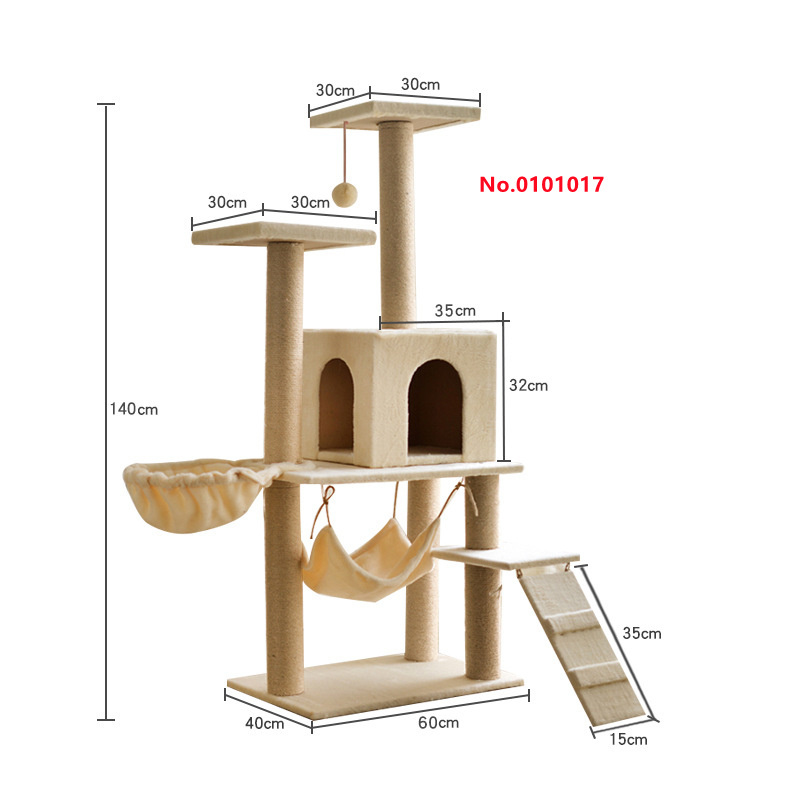 Multilayer Wooden Climbing Cat Condo Scratching Post Cat Scratcher Tree Tower House Furniture With Platform Hammock