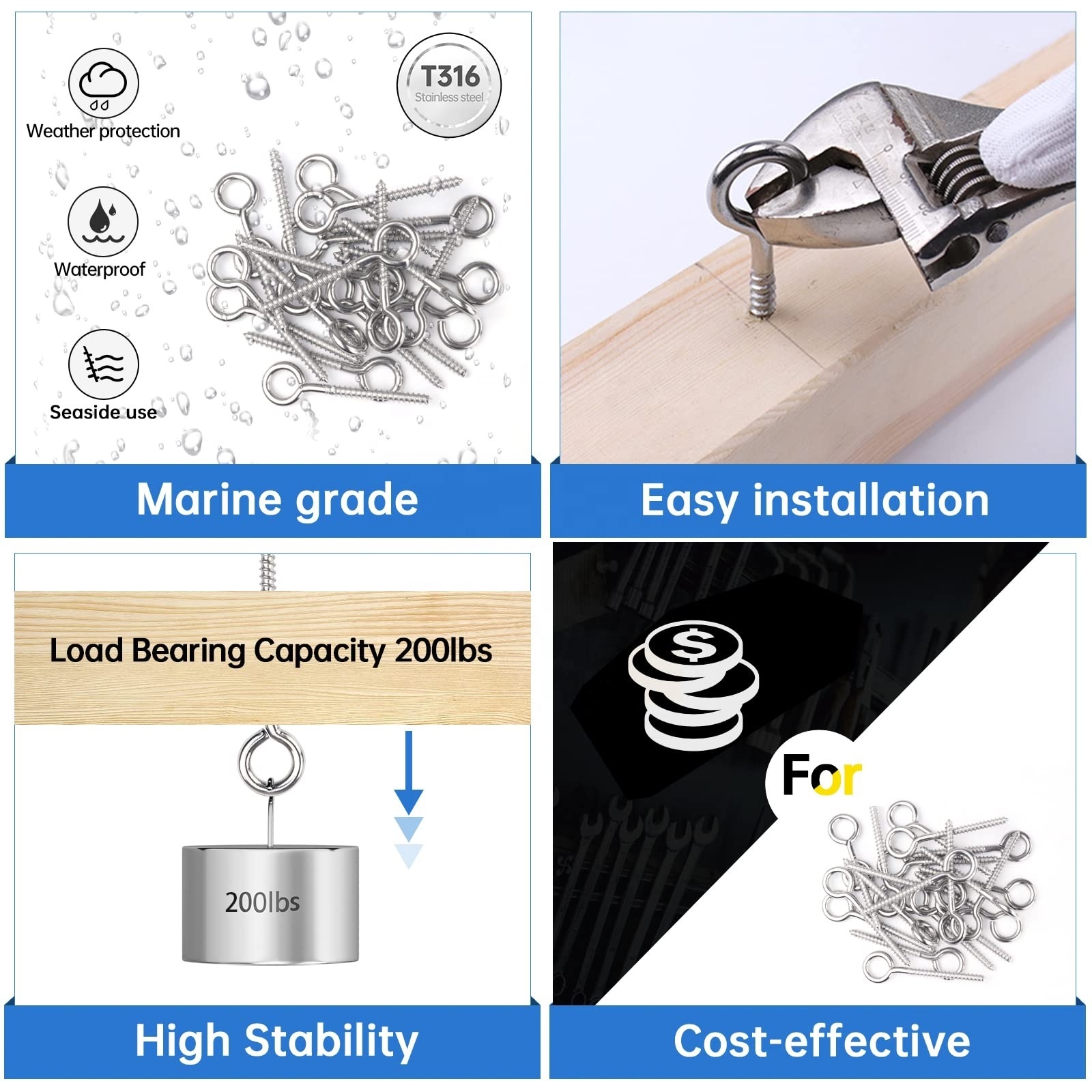 Stainless Steel Anti-Rust Heavy Duty silver Self Tapping Sheep Wood Eyelet Eye Hanging Hooks Screws Bolt Eye for Wood