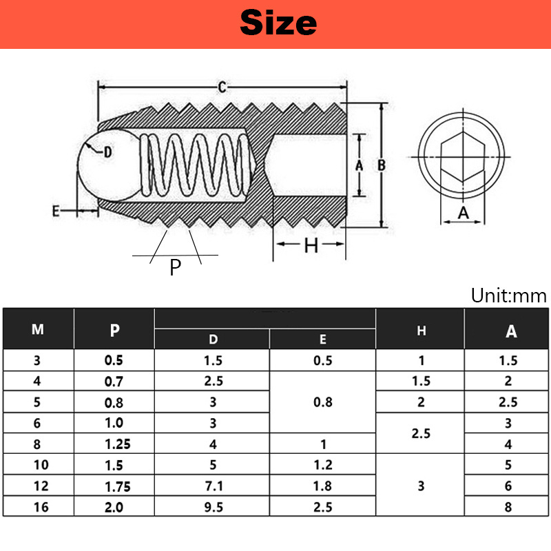 304 Stainless Steel Spring Hex Socket Plunger Inner Hexagonal Hexagon Ball Point Ball Head Set Screws With Spring Plunger