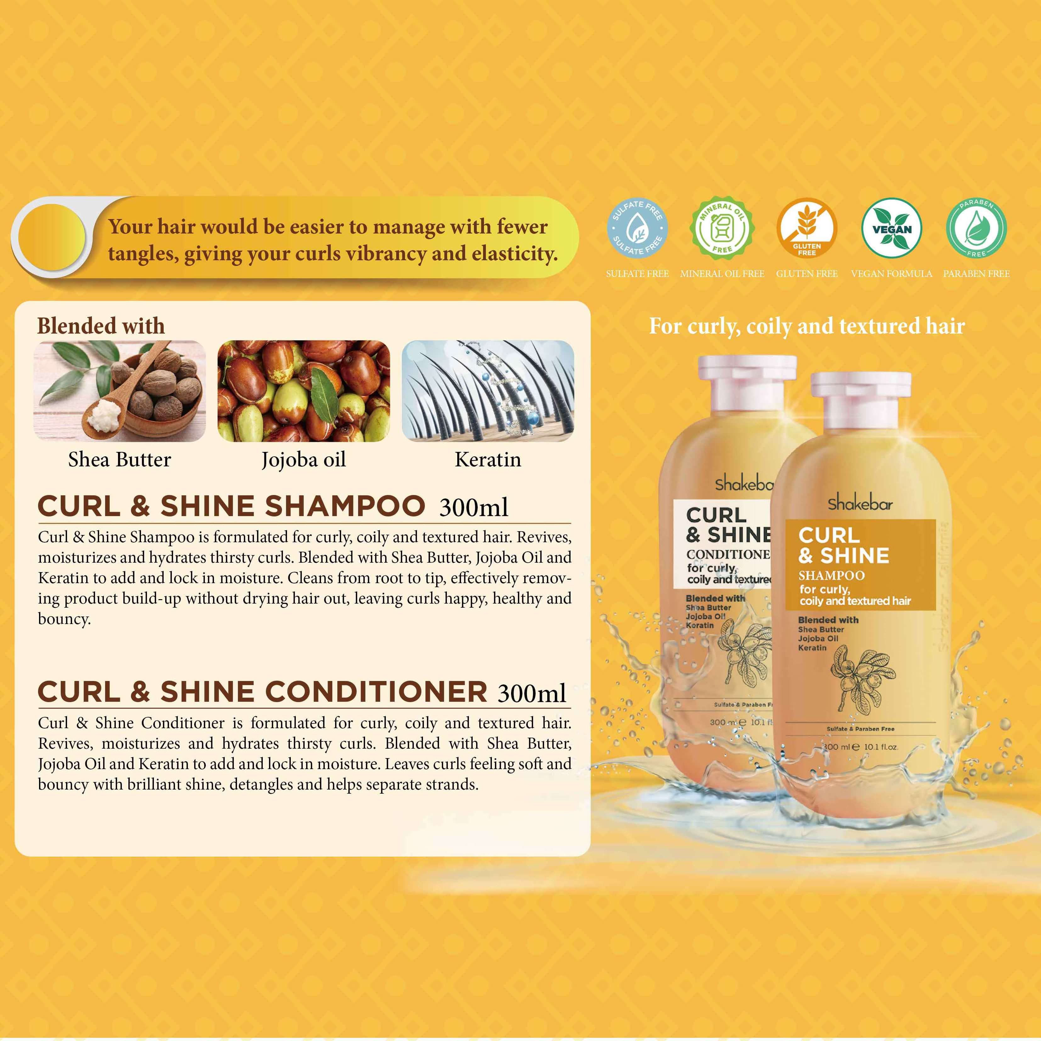 Shakebar Curl Shine Shampoo and Conditioner Set for Curly Hair Natural Shea Moisture Herbal Keratin Shampoo Set