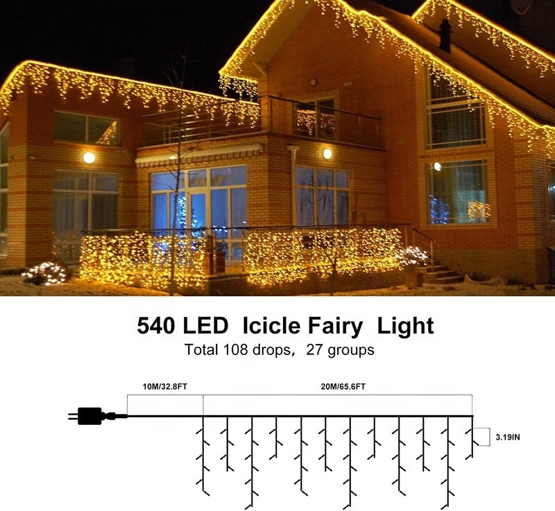 20m Icicle Light Outdoor Curtain Fairy Lights Mains Powered Outside Ice Lights with 108 Drops for Indoor Gazebo Balcony