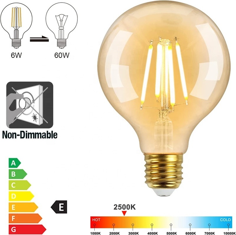 Vintage G95 Large Globe LED Filament Light Bulb 6W 750Lm E27 Edison Screw in ES Light Bulbs 60W Incandescent Lamp Equivalent