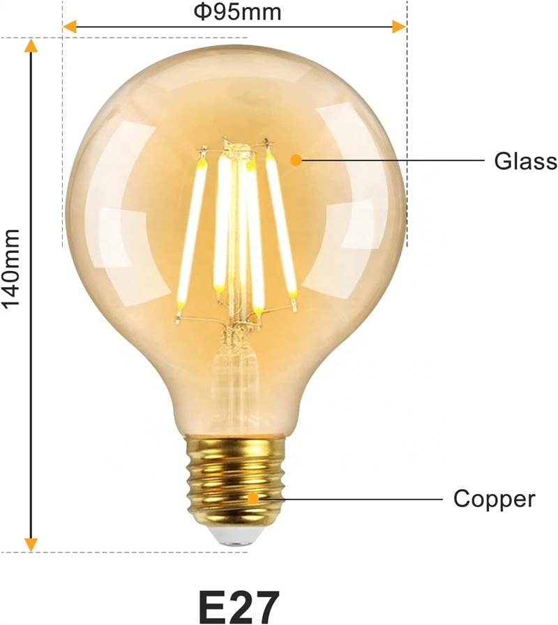 Vintage G95 Large Globe LED Filament Light Bulb 6W 750Lm E27 Edison Screw in ES Light Bulbs 60W Incandescent Lamp Equivalent