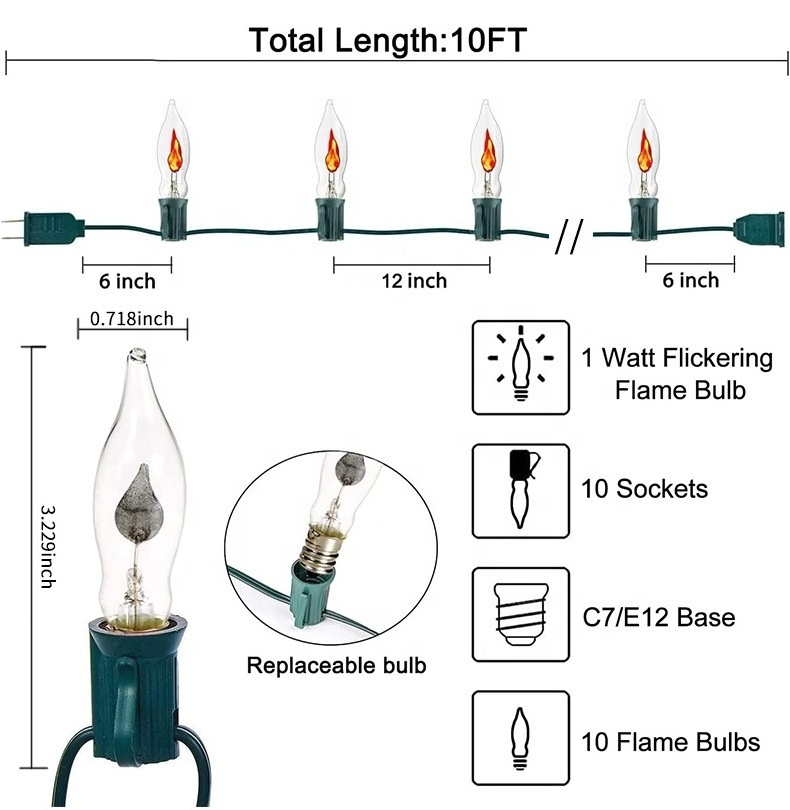 120V US Standard C18 Flame light string 10FT10LED Halloween garden decorative light