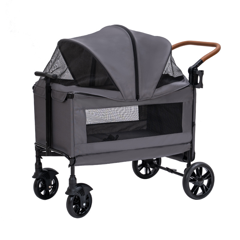 Breathable Windproof Compact Collapsible No Assembly Required Walks Relax Foldable Large Capacity 4 Wheels Double Dog Stroller