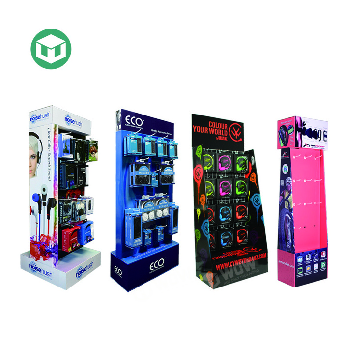 Hot Sale Customized Cardboard Hooks Floor Display Stand Cell Phone Charger Display Rack