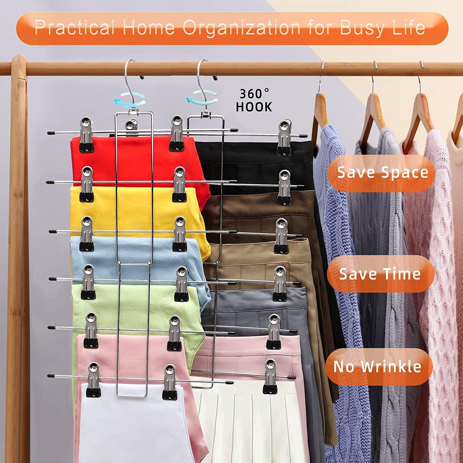 Multifunctional Space Saving Magic Clothes Jeans Skirts Hanger Closet Organizer Foldable Metal 6 Tier Pants Hangers with Clips