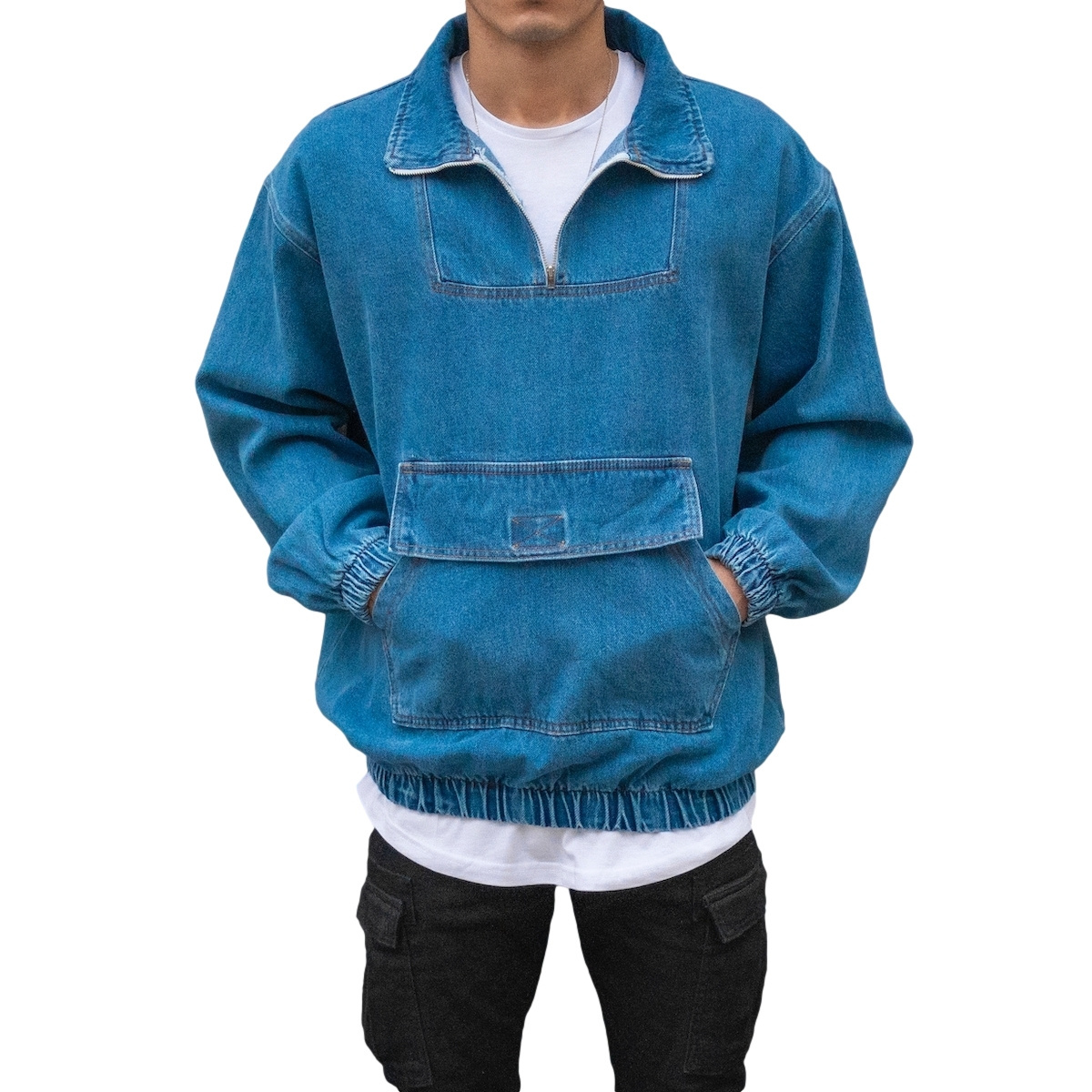 Men's Denim Jacket in Blue Oversize 90% Cotton 10% Polyester Long Jacket with Kangaroo Pockets Streetwear Custom OEM Product