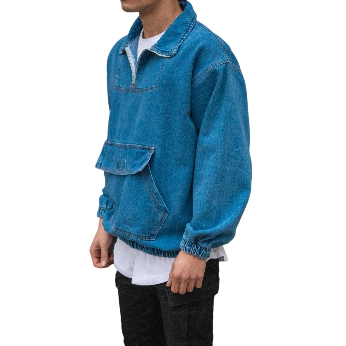 Men's Denim Jacket in Blue Oversize 90% Cotton 10% Polyester Long Jacket with Kangaroo Pockets Streetwear Custom OEM Product