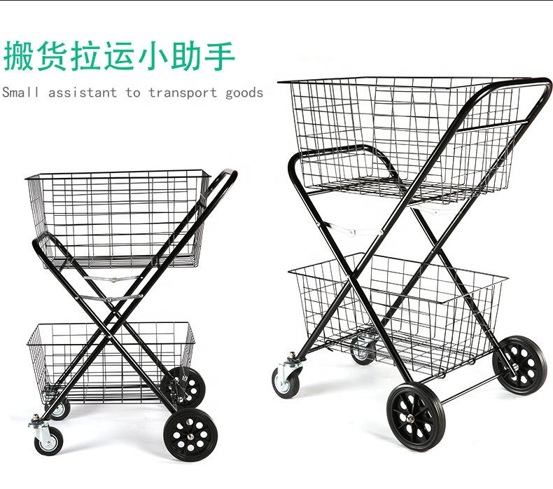 stainless steel push cart Double basket folding style transport supermarket shopping trolley cart