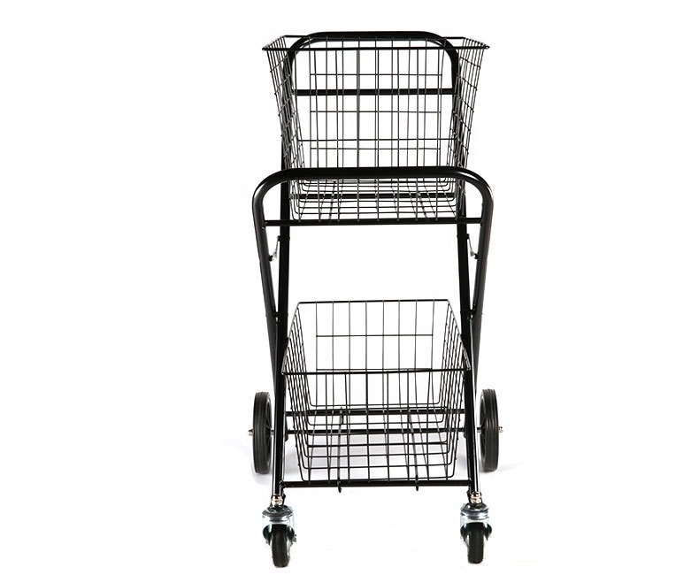 stainless steel push cart Double basket folding style transport supermarket shopping trolley cart