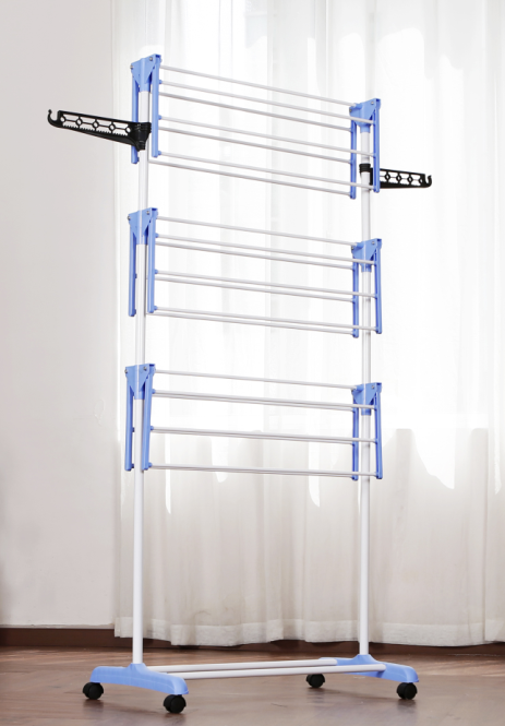 Hot sale 3 layer cloth hanger rack with moving wheels rolling hanger rack