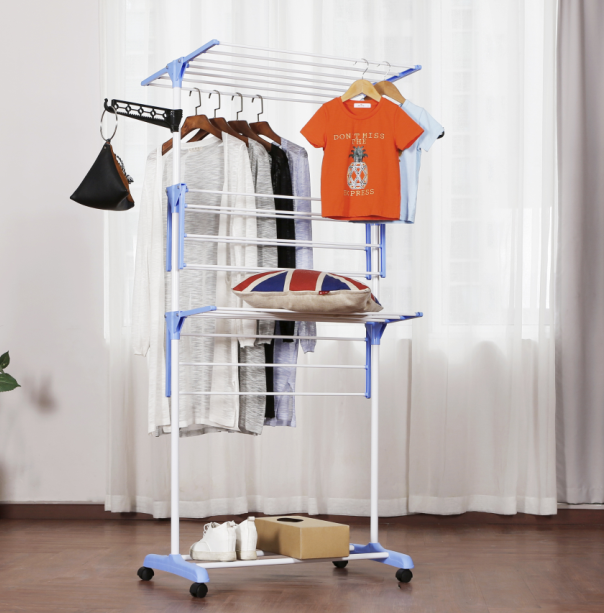 Hot sale 3 layer cloth hanger rack with moving wheels rolling hanger rack