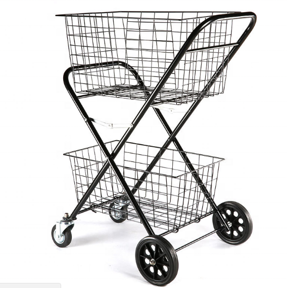 stainless steel push cart Double basket folding style transport supermarket shopping trolley cart