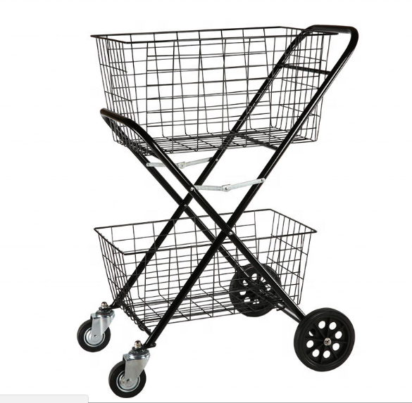 stainless steel push cart Double basket folding style transport supermarket shopping trolley cart