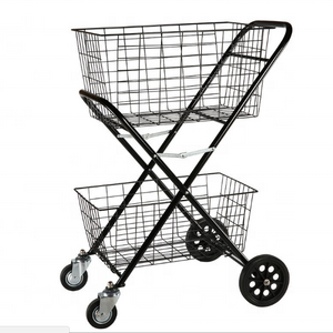 stainless steel push cart Double basket folding style transport supermarket shopping trolley cart