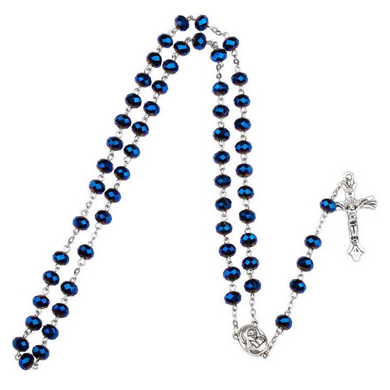 Woying deep blue crystal beads catholic rosary  cross holy land antique religious rosaries necklace