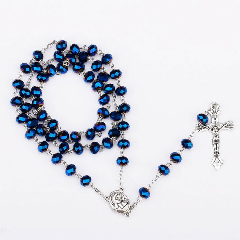 Woying deep blue crystal beads catholic rosary  cross holy land antique religious rosaries necklace