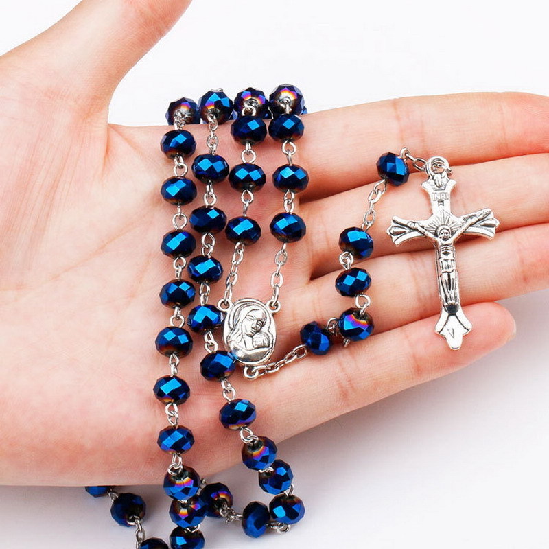 Woying deep blue crystal beads catholic rosary  cross holy land antique religious rosaries necklace