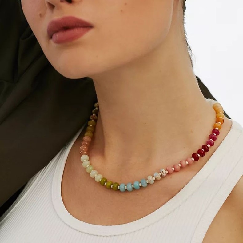 Woying Statement Luxury 18K Stainless Steel French Holiday Summer Choker Colorful Natural Stone Agate Beaded Choker Necklace