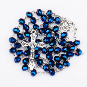 Woying deep blue crystal beads catholic rosary  cross holy land antique religious rosaries necklace