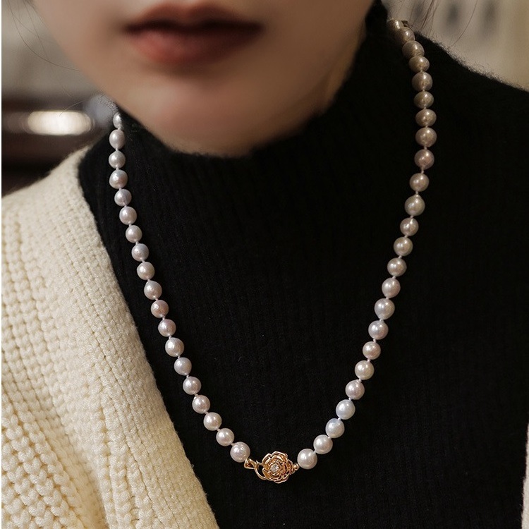 8MM Natural White Shell Pearl Autumn And Winter Sweater Chain 18K Gold Camellia Flower Zircon Adjustable Long Necklace