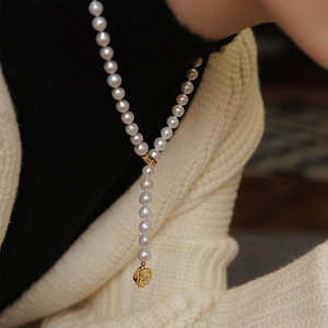 8MM Natural White Shell Pearl Autumn And Winter Sweater Chain 18K Gold Camellia Flower Zircon Adjustable Long Necklace