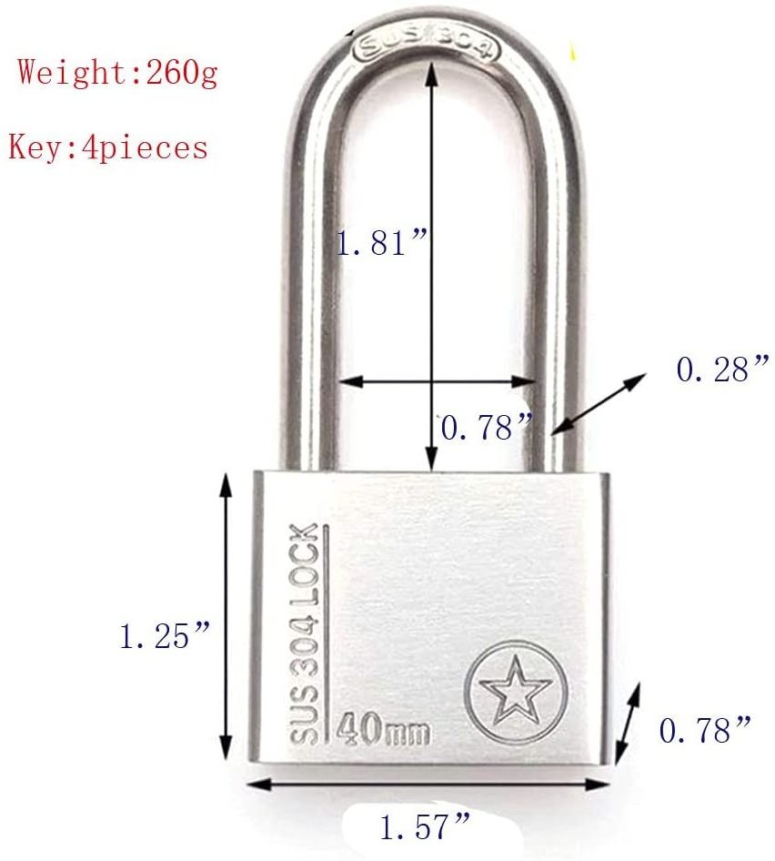 40mm Long Beam Stainless Steel Safety Padlock Waterproof Rust Anti-Corrosion Anti-Cutting Security square Padlock