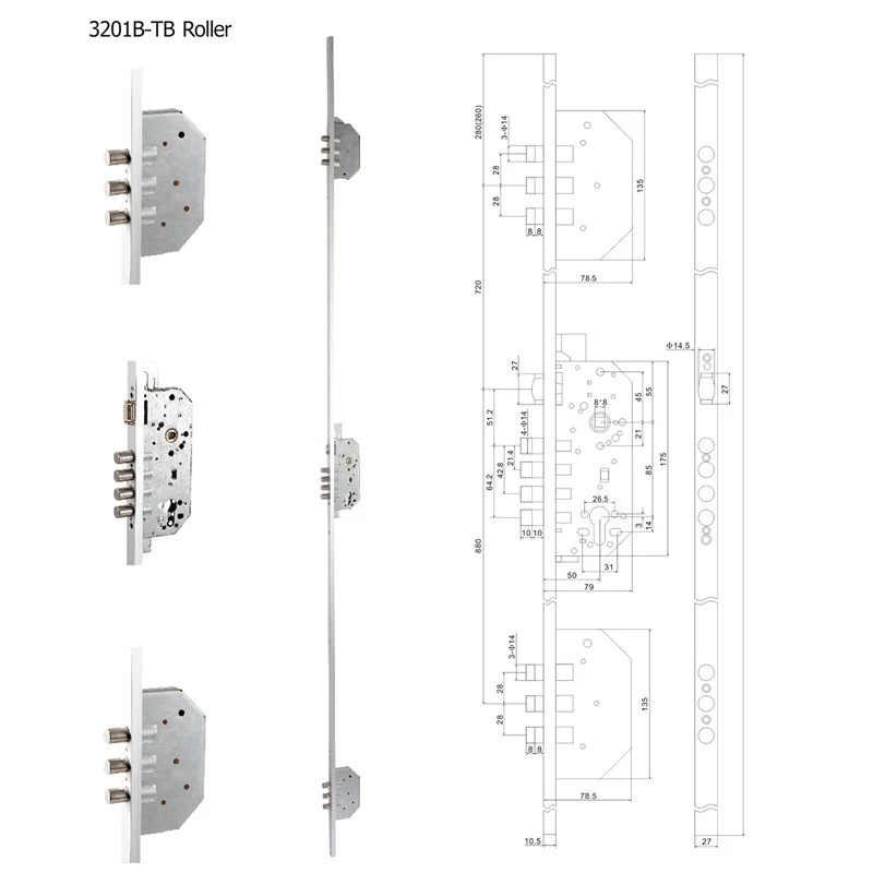 High Security European Style 3201B Mortise 3 Point door Lock Body 3 entry door lock For Wooden Door