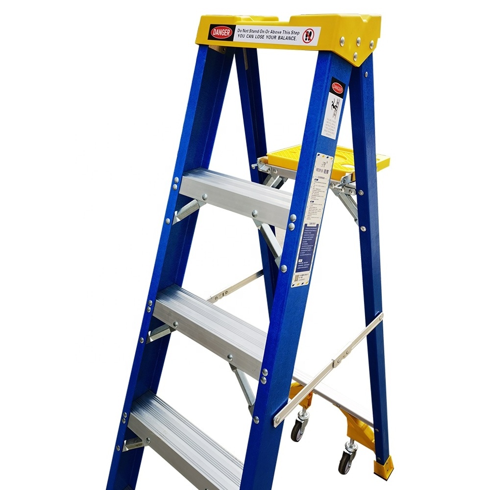 Ladder with wheels herringbone shaped fiberglass insulated household ladder