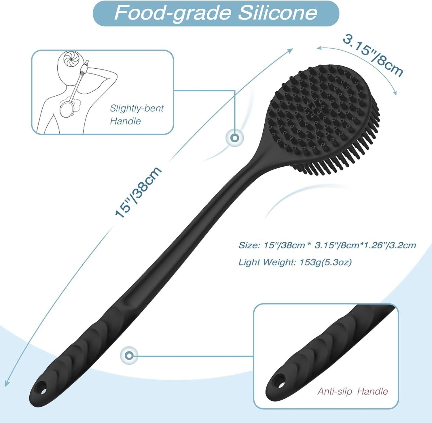 Soft Long Stick Handle Massage Exfoliating Scrubber Cleaning Double Sided Bath Body Brush Silicone Back Scrubber for Shower