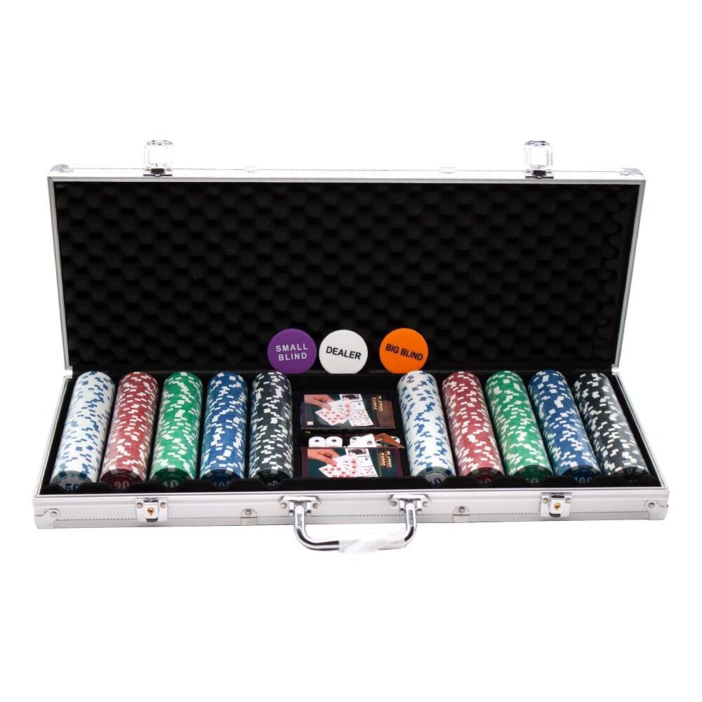 Professional 500pc Poker Chips Set With Aluminum Case Dealer Buttons with 2 Decks of Cards and 5 Dices