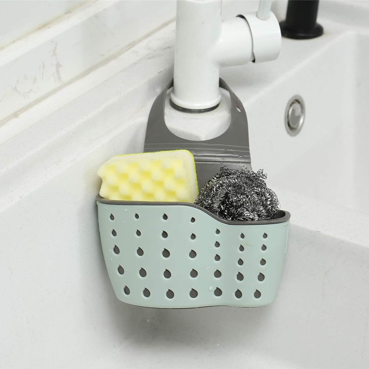 Double Decker Hanging Kitchen Sink Hanging Sponge Holder Organizer Faucet Sponge Basket Soap Holder Hanging with Drain Holes