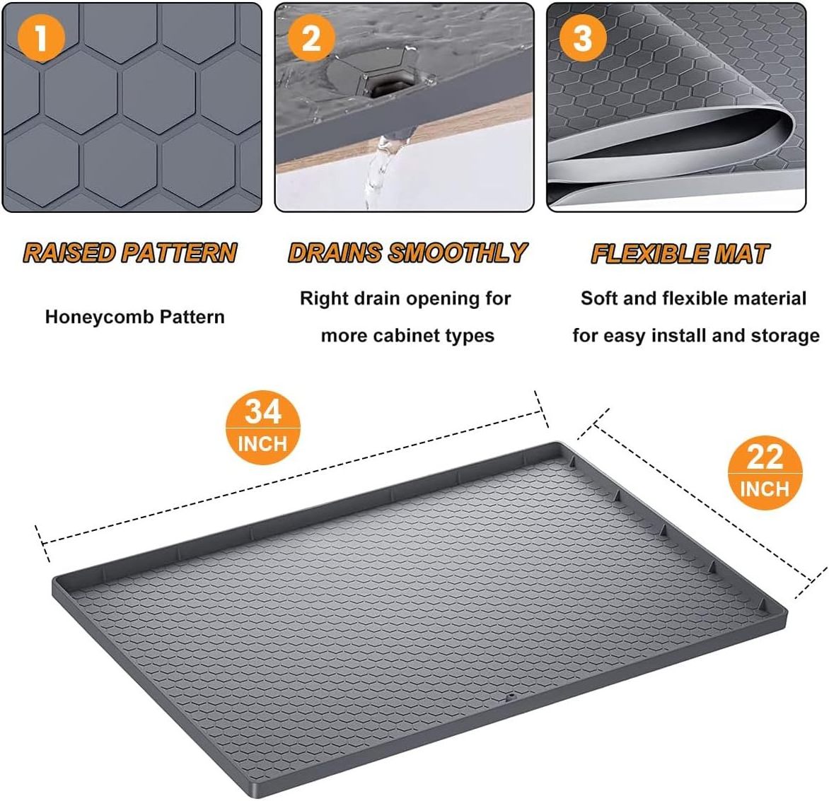 Custom 22 34 inch Waterproof Kitchen Sink Pad with Drain Hole Anti-slip Silicone Cabinet Protector Mat Under Sink Mat